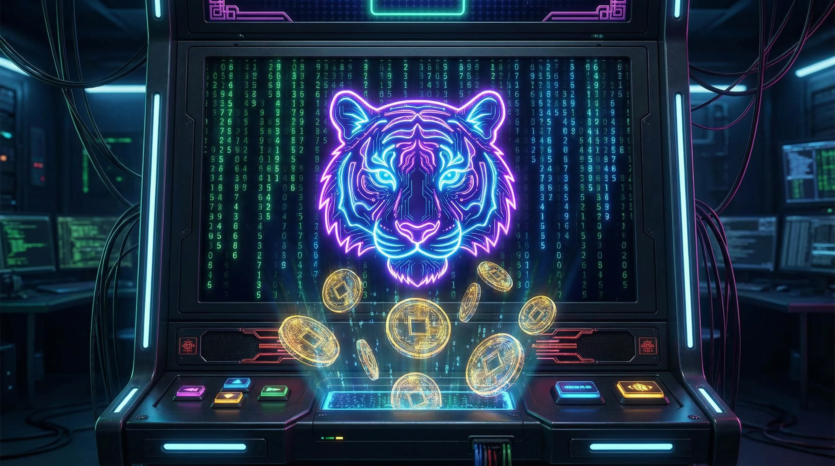 Jogo Fortune Tiger com tigre neon e moedas douradas no cncbet
